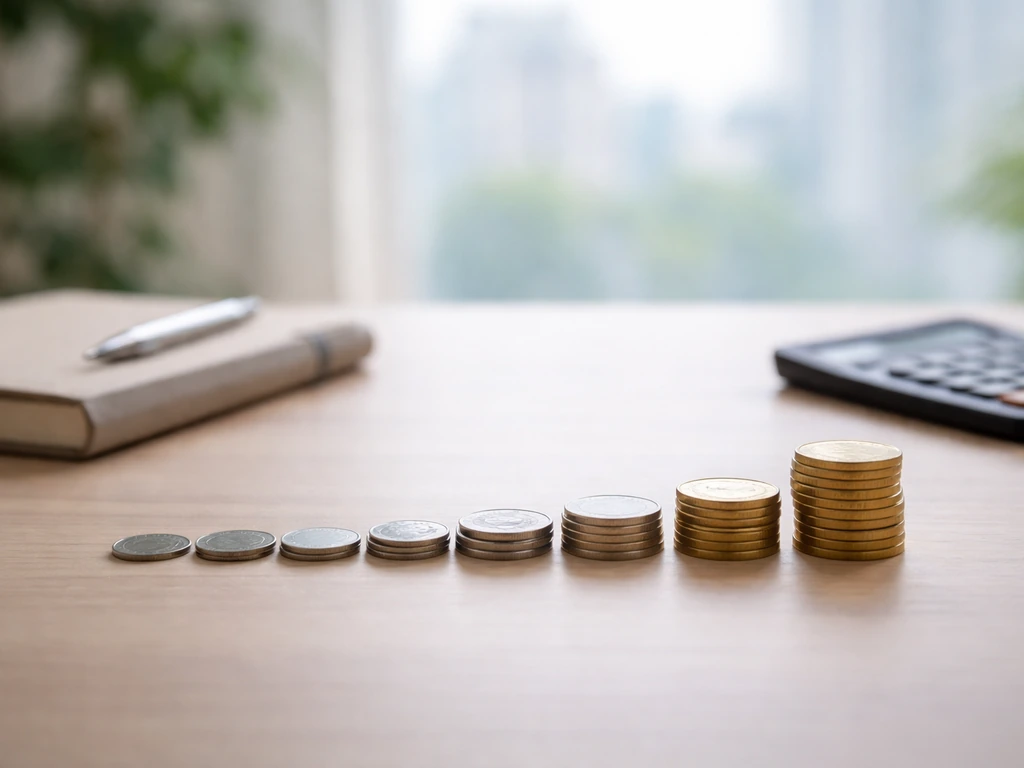 Minimal photo of a desk with a small range of coins and a blurred calculator, symbolizing net worth estimates.