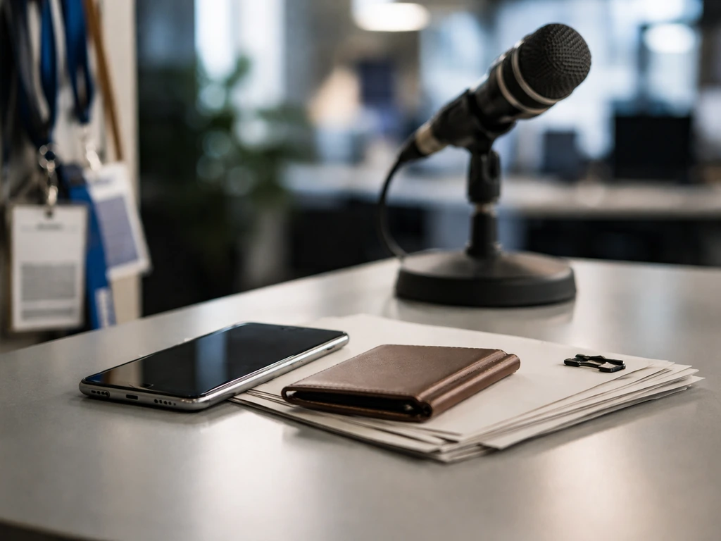 Minimal photo of a media newsroom desk with a smartphone and wallet-like card holder near press badges