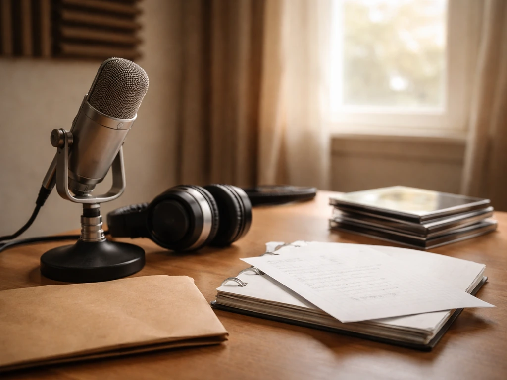 A quiet music-studio desk with a vintage microphone and handwritten lyrics pages, evoking early breakthrough label days.
