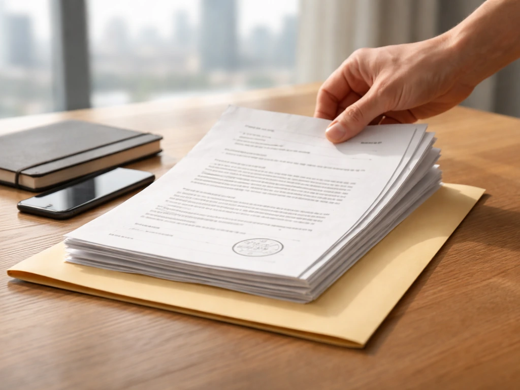 Hand placing stamped documents into a neat folder beside a notebook and smartphone on a desk.