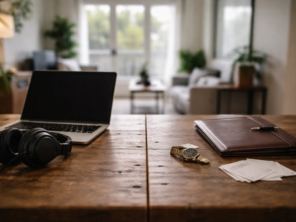 Minimal desk scene with studio gear and luxury items symbolizing income streams and assets.