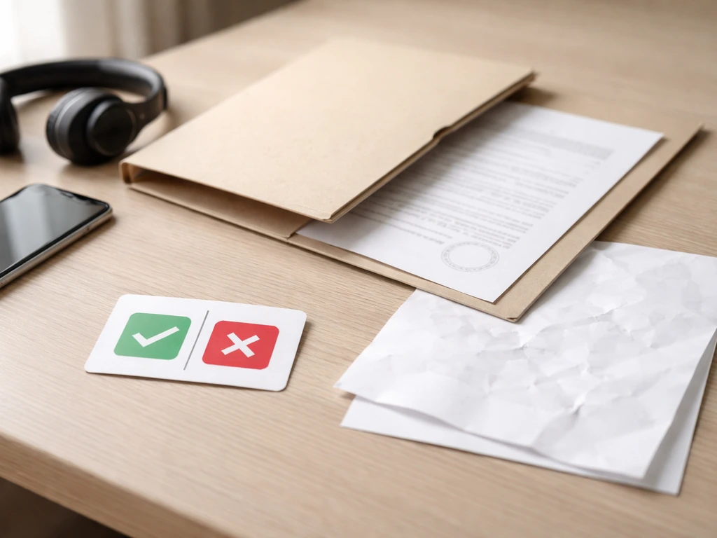 Desk scene with verified-stamp folder and unverified wrinkled sheets beside check/cross cards.