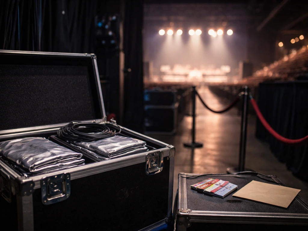 Empty concert backstage with stage lights, production cases, and generic merch cues suggesting tour income.