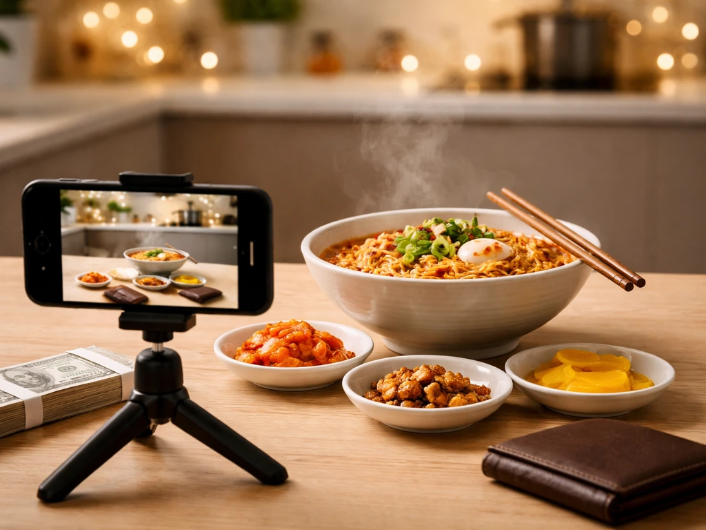Mukbang recording setup with steaming food, smartphone, and wallet with cash on a simple table.