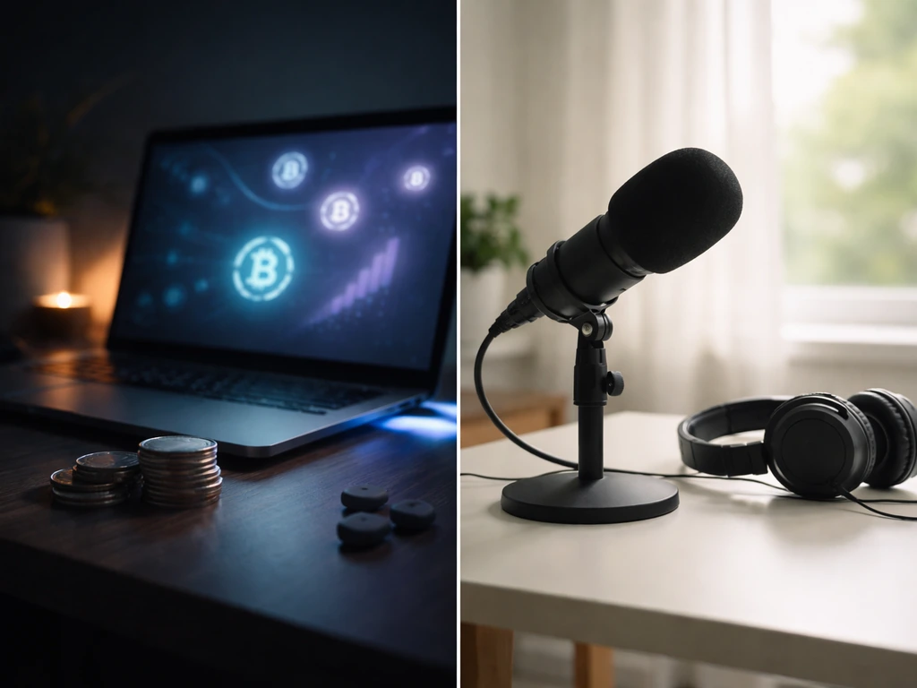 Split-style scene showing a dark crypto collectibles vibe and a separate media streaming vibe without logos