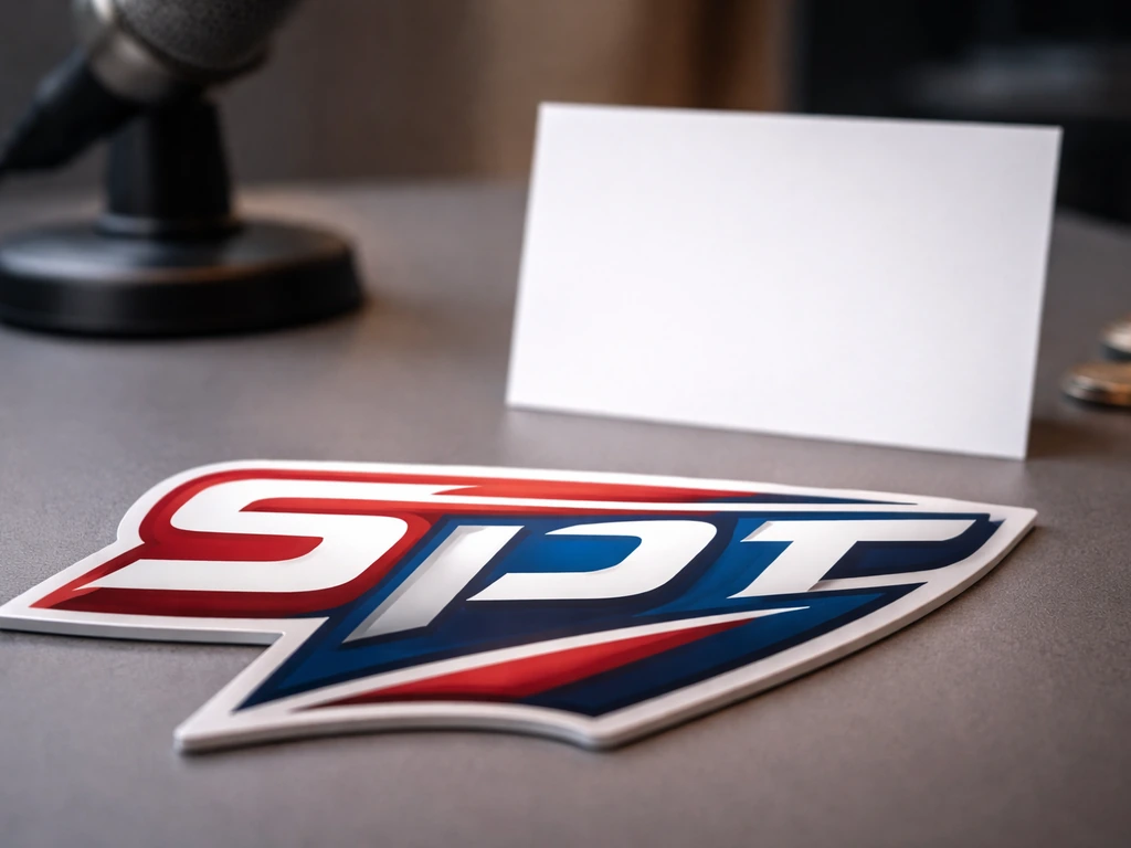 Close-up of a red-and-blue broadcast-style wordmark on a desk with subtle money and studio cues.
