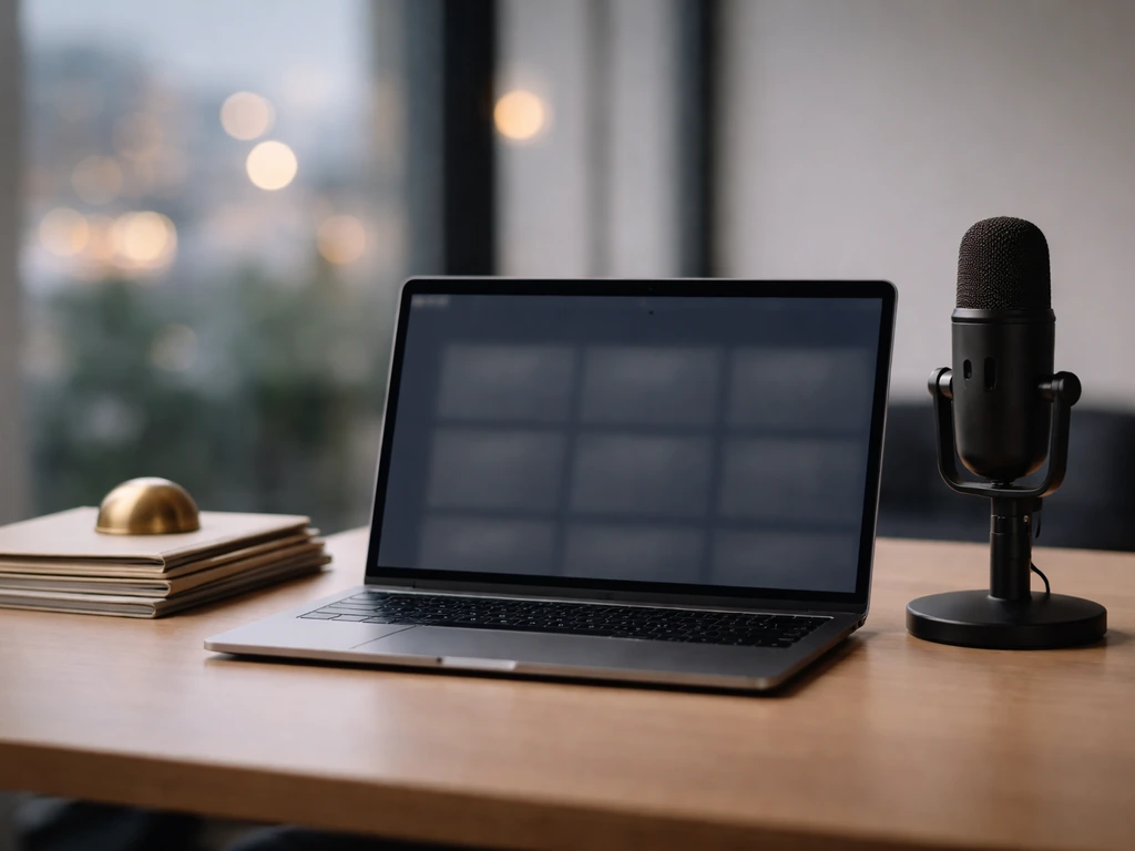 Minimal office desk with laptop and microphone, symbolic blurred tiles suggesting a private-company financial snapshot
