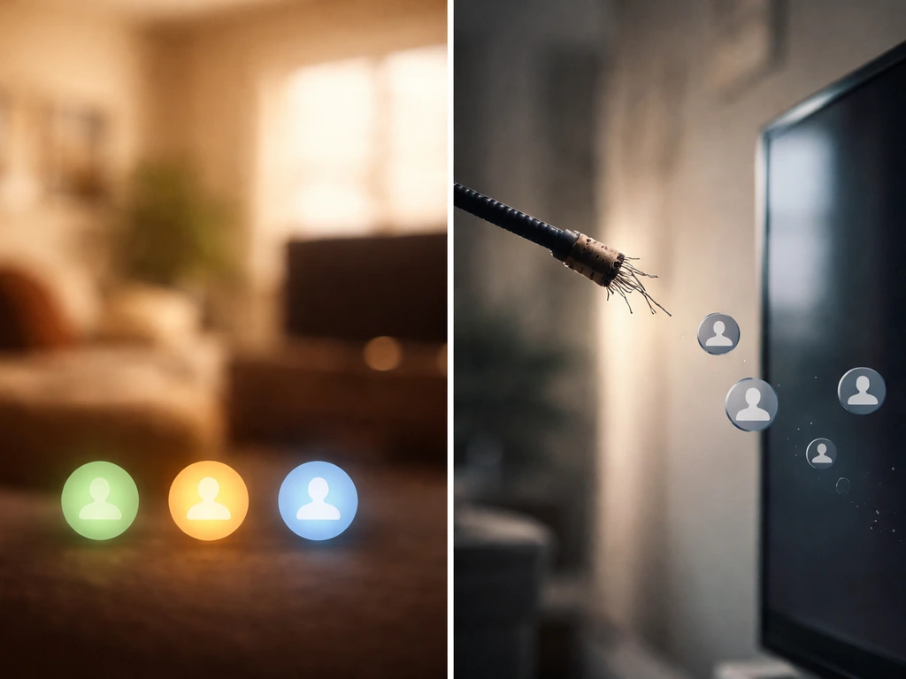 Minimal split-scene showing value drivers on the left and threats like cord-cutting on the right.