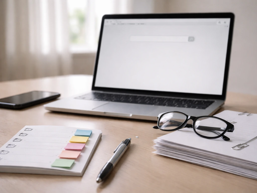 Desk scene with laptop research, blank search page, unmarked documents and sticky tabs for verification.