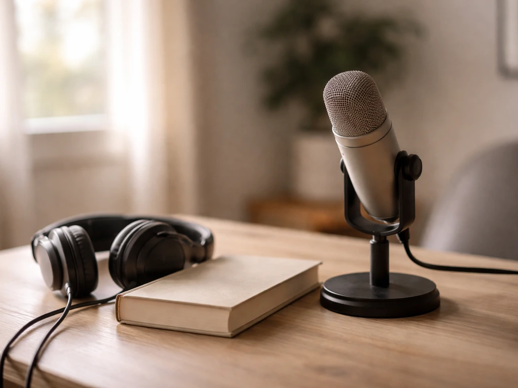 Minimal photo of a studio desk setup with microphone and a paperback, symbolizing audiobook narration and media work.