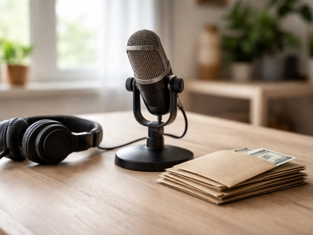 Minimal studio desk with microphone and scattered cash envelopes, suggesting career-based income building
