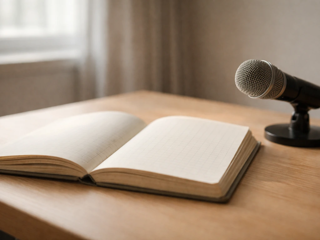 Minimal photo of an open ledger and a microphone on a desk, symbolizing steady professional work