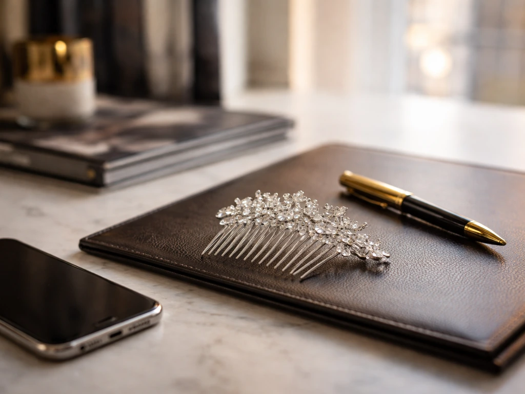 Upscale desk with a sparkling hair-gem comb and media-style items, symbolizing wealth coverage.