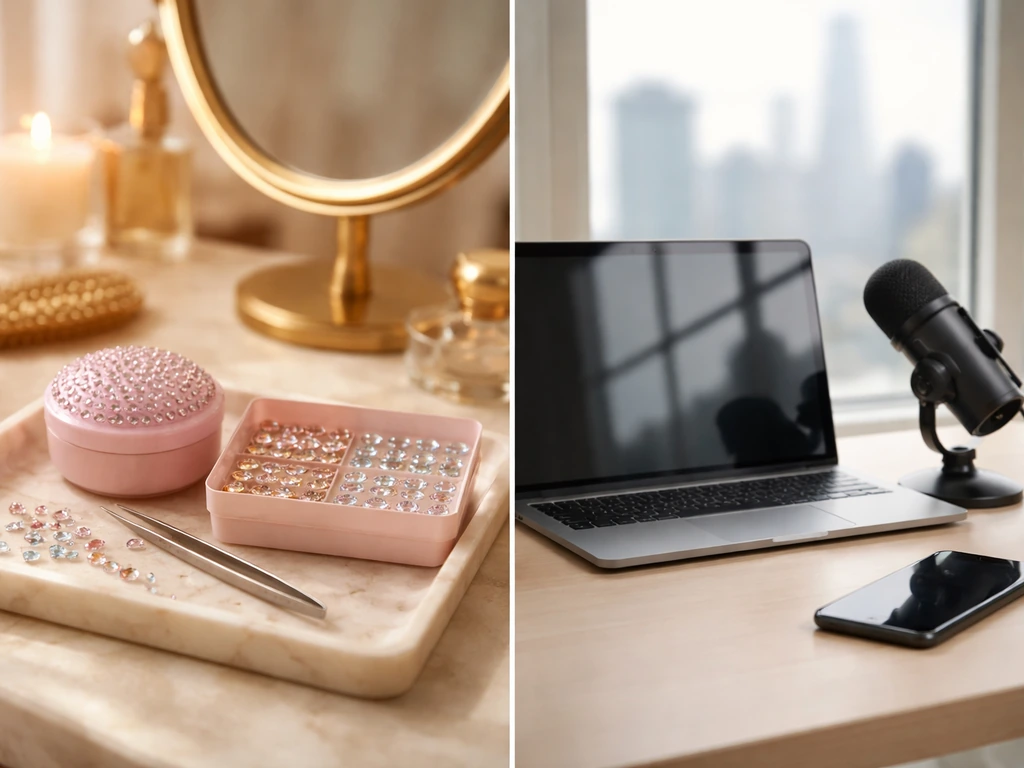 Split scene: sparkling hair gems on a vanity vs a neutral desk with laptop and microphone for a media/tech “Blinger” con