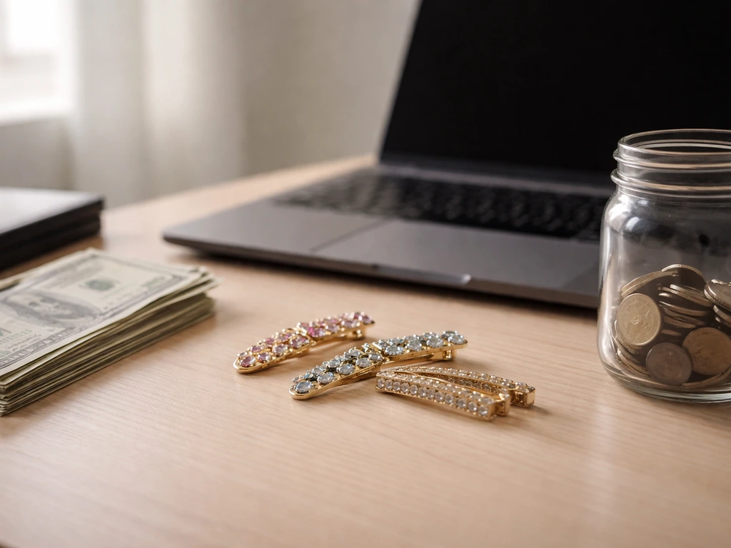 Minimal photo of a desk with scattered cash and a Blinger-like hair-gem accessory near a laptop, symbolizing a net-worth