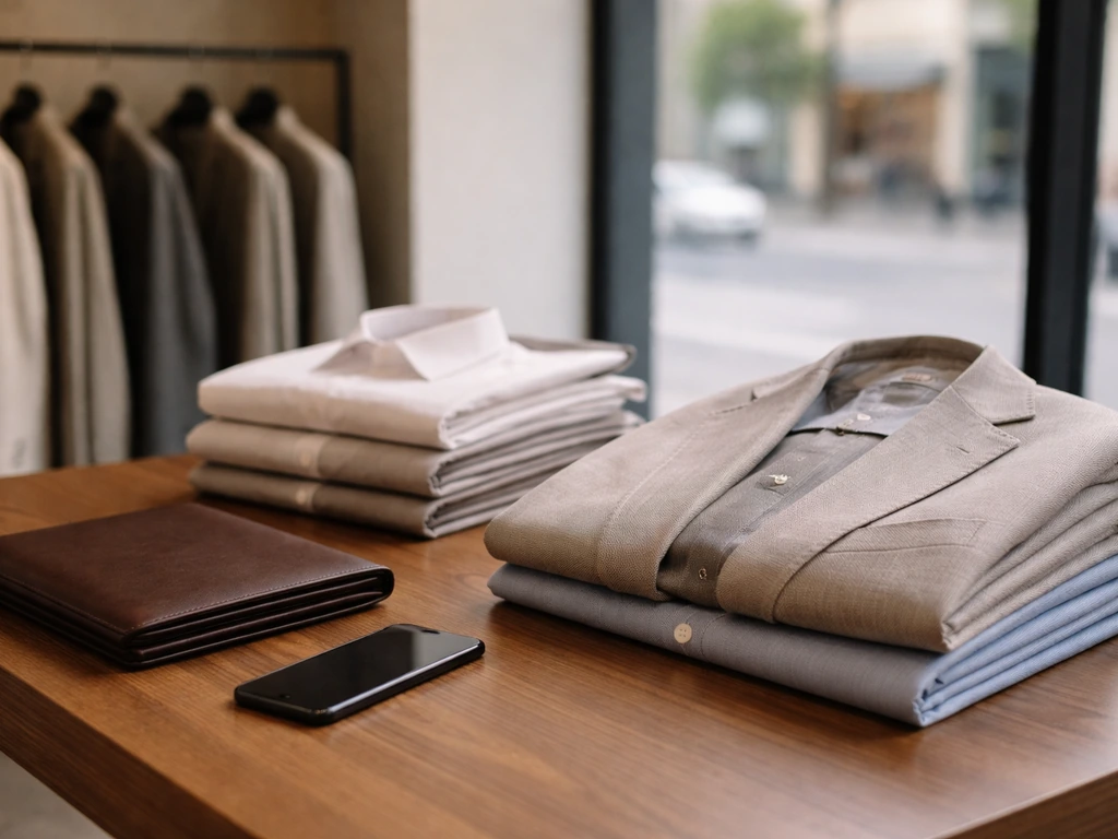 Minimal menswear retail scene with folded shirts and a leather portfolio suggesting business valuation and wealth.