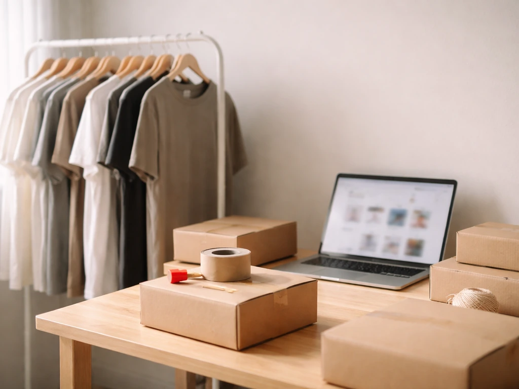 Minimal apparel e-commerce setup with product rack and shipping parcels in a bright workspace.
