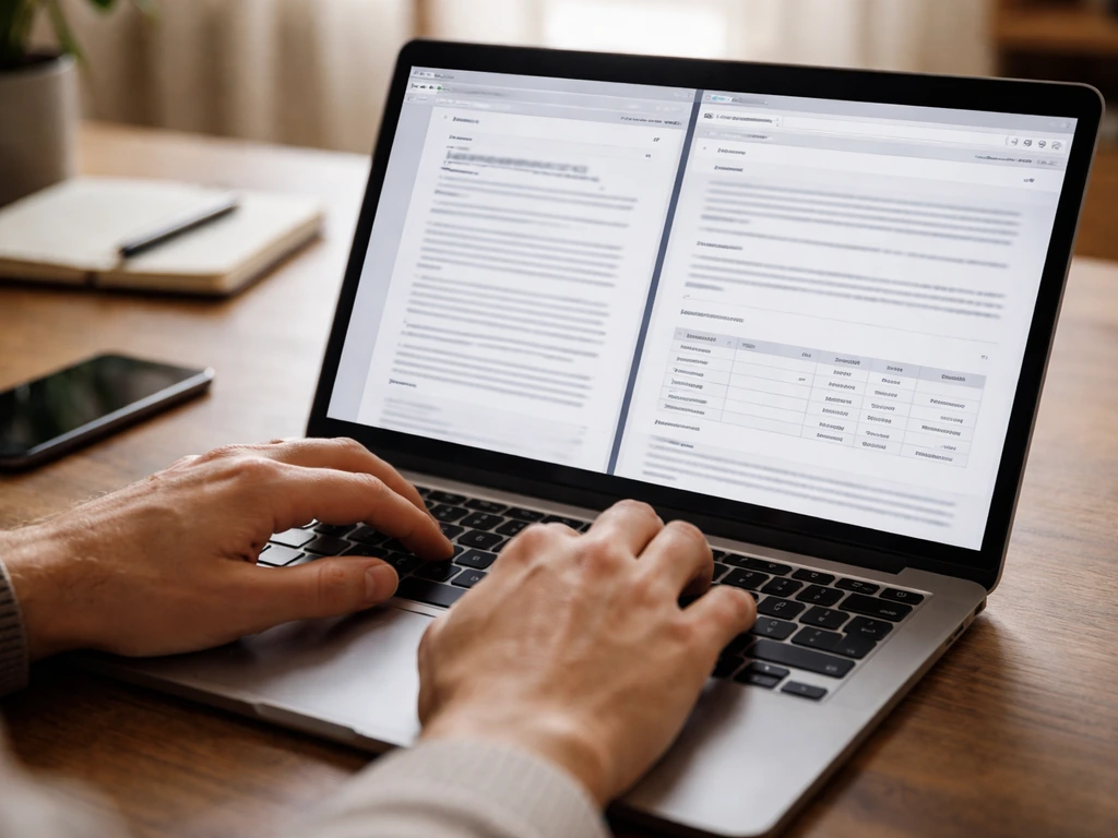 Hands check a press-release style webpage and legal results on a laptop in natural light.