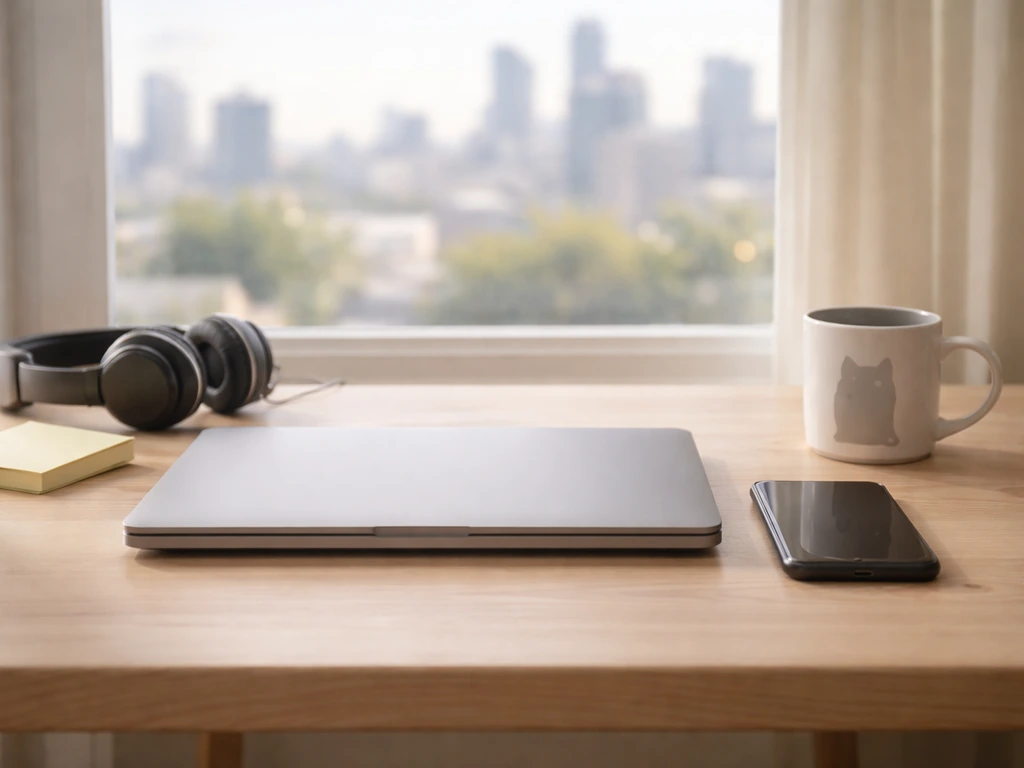 Minimal office desk scene with a computer and playful cheezburger-themed prop, symbolizing internet media entrepreneursh