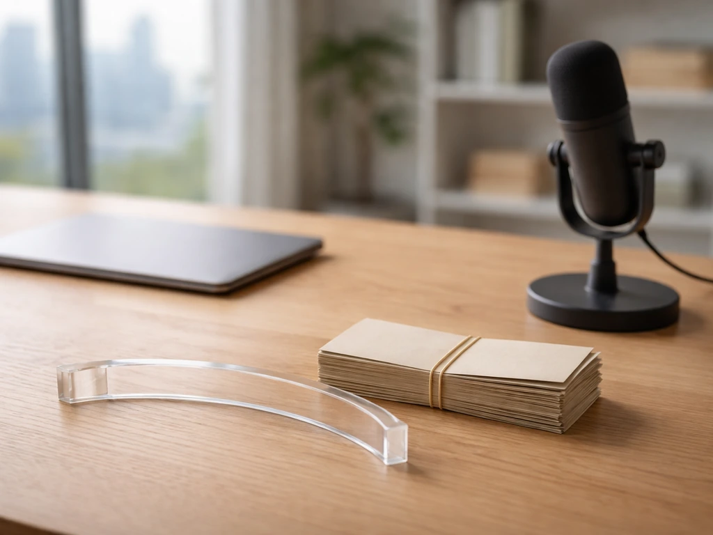 Minimal desk scene with cash envelopes and a translucent range-like bar symbolizing a $5M–$15M estimate.