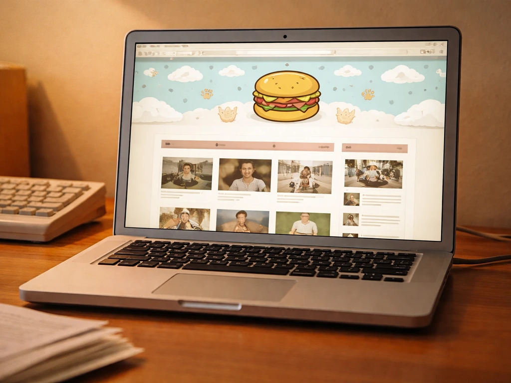 Vintage laptop on a wooden desk showing an old meme landing page with a cheezburger-themed icon.