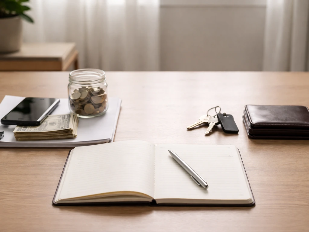 Minimal photo of a desk with cash, a notebook, and keys beside a small stack of papers suggesting assets and debts.