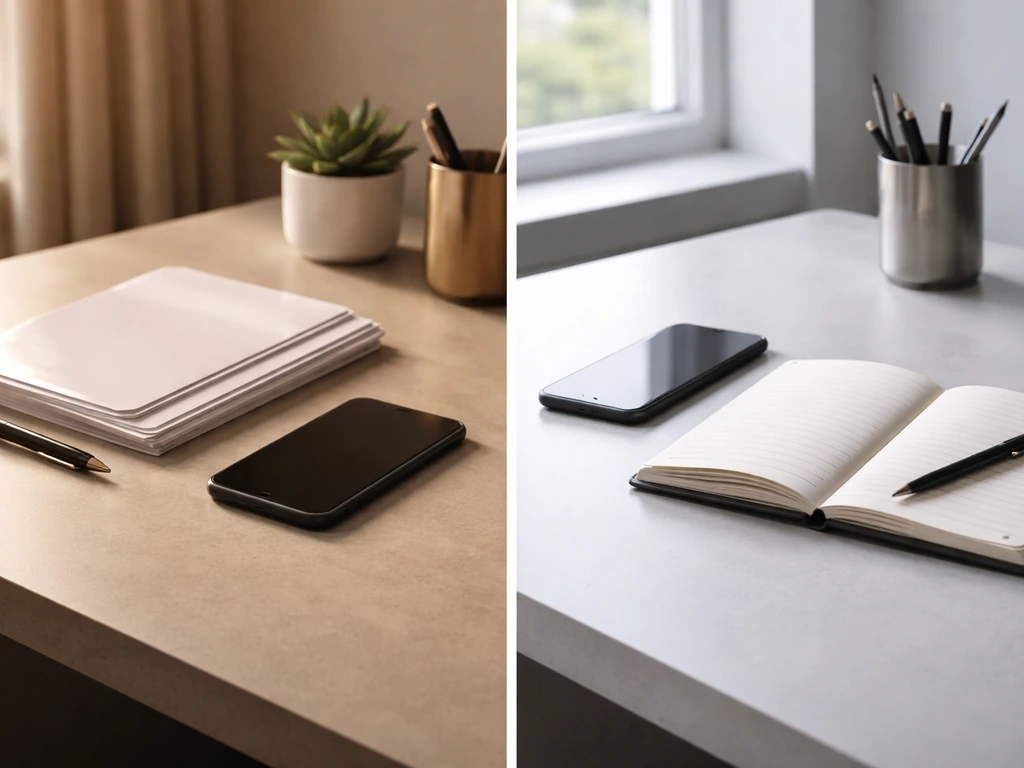 Minimal split-screen photo showing two generic finance desks with differing update cues