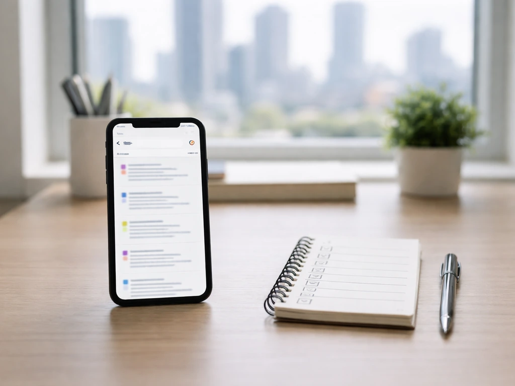 Minimal desk scene with a smartphone showing blurred search results and a blank checklist for confirming identity.