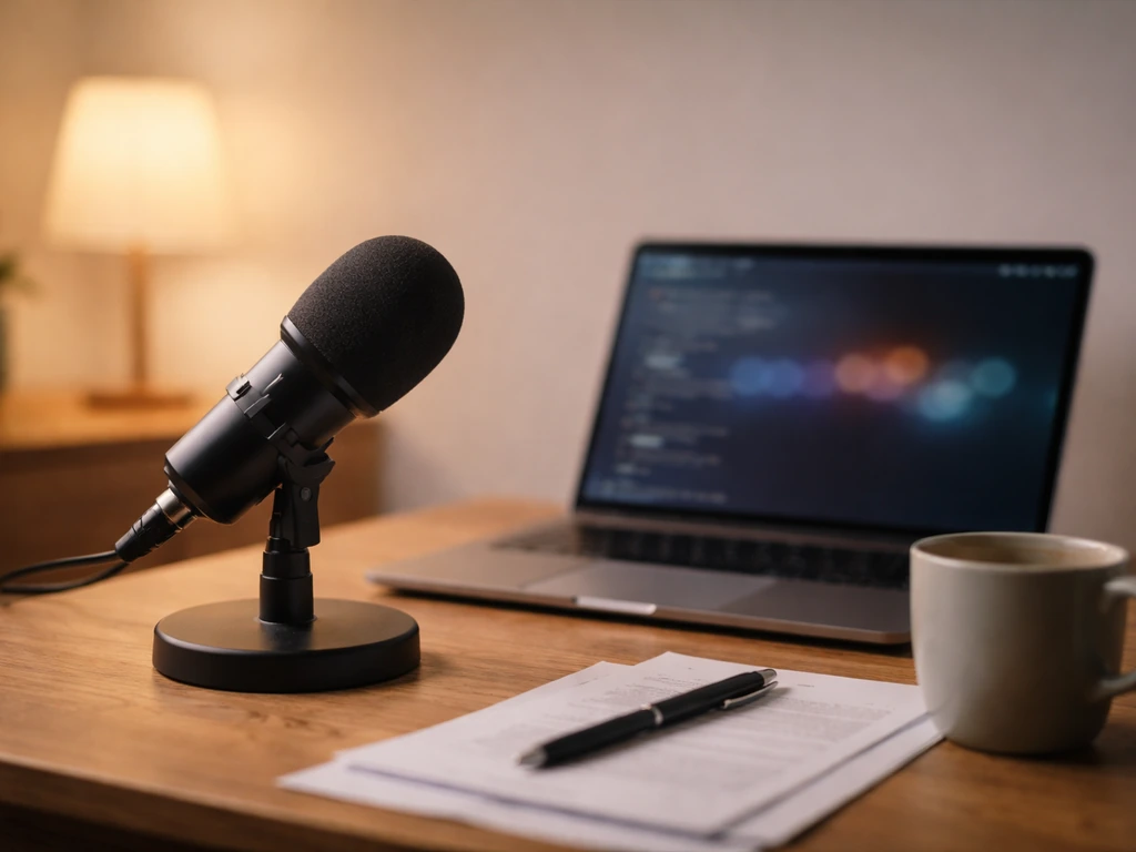 Minimal desk scene with a microphone and laptop, suggesting a Twitch creator and money-focused media work.