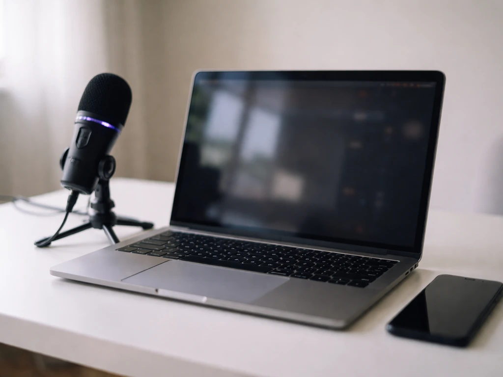 Laptop and microphone on a desk, blurred screen suggesting online profile verification without text