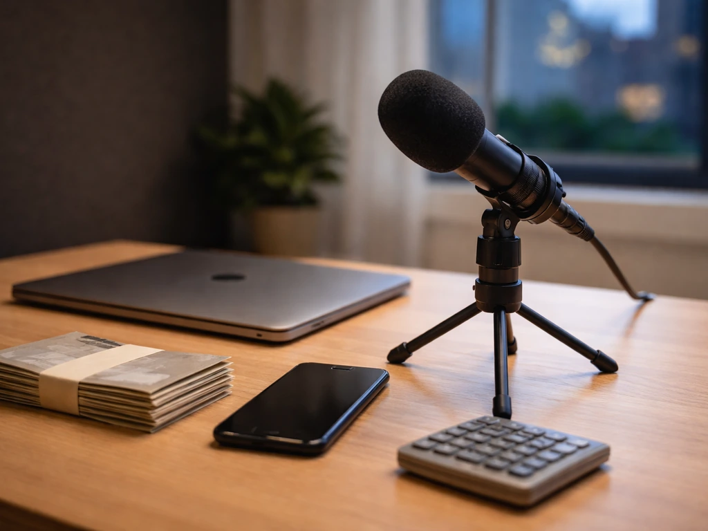 Minimal studio desk with a microphone and streaming gear beside a calculator, suggesting how net worth is estimated.