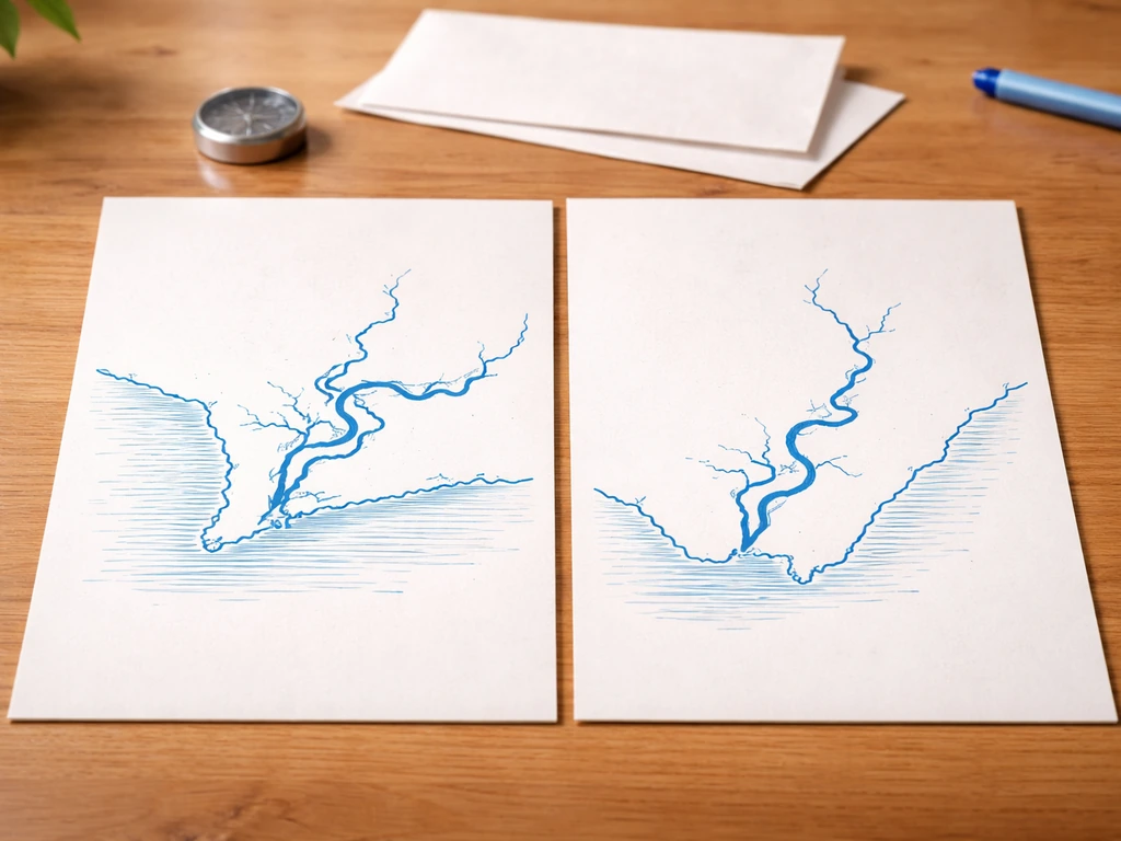 Minimal photo-style scene showing two wooden table panels with a simple blue river map sketch