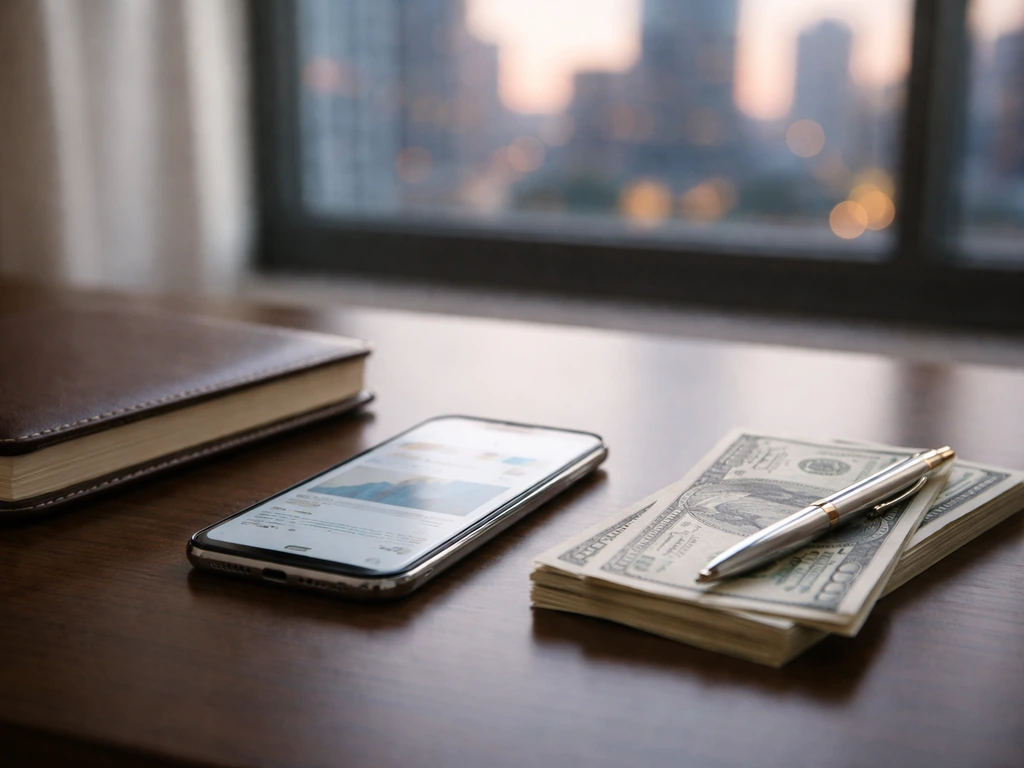 Minimal office desk scene with cash and finance tools, symbolizing estimated net worth range.