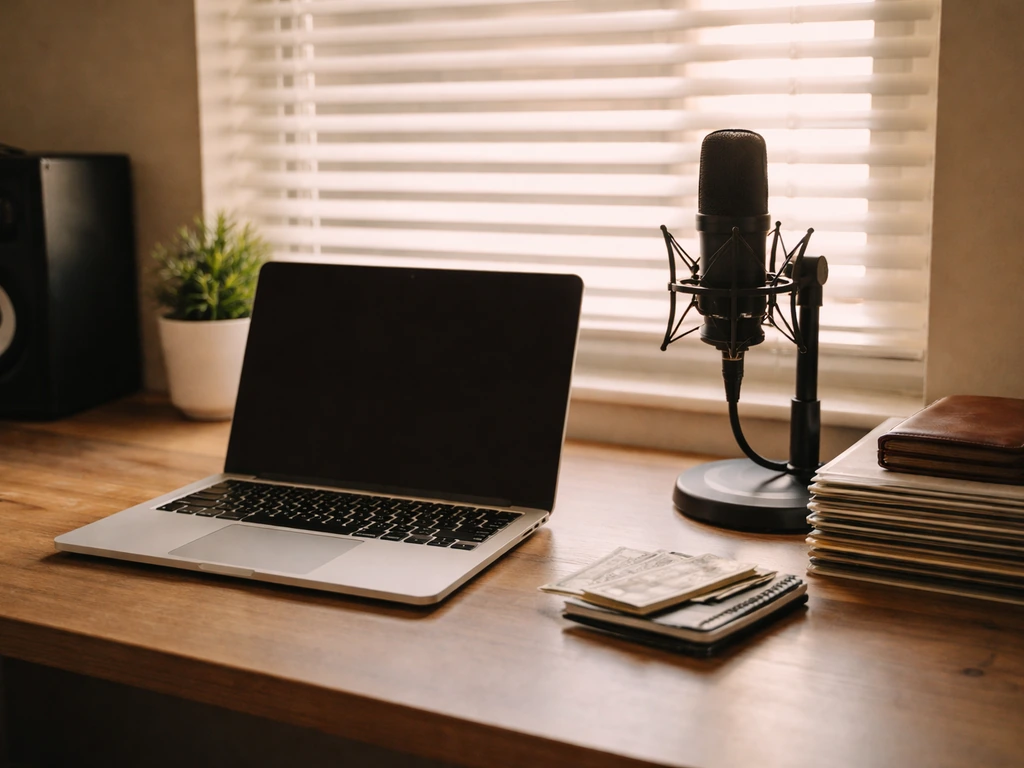 Minimal music-studio desk with microphone and wallet/cash under warm morning light, symbolic of net worth context.