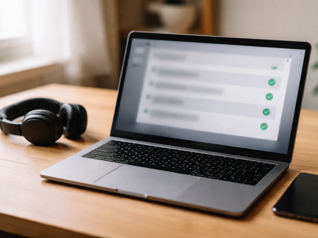 Minimal desk scene with a laptop open to an anonymous music-credits style page, symbolizing profile verification.