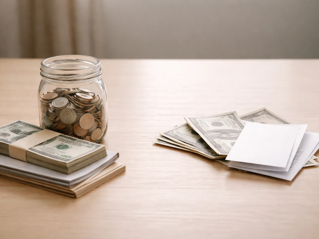 Simple scene showing stacked money and investment notes beside a few bills, suggesting assets minus liabilities