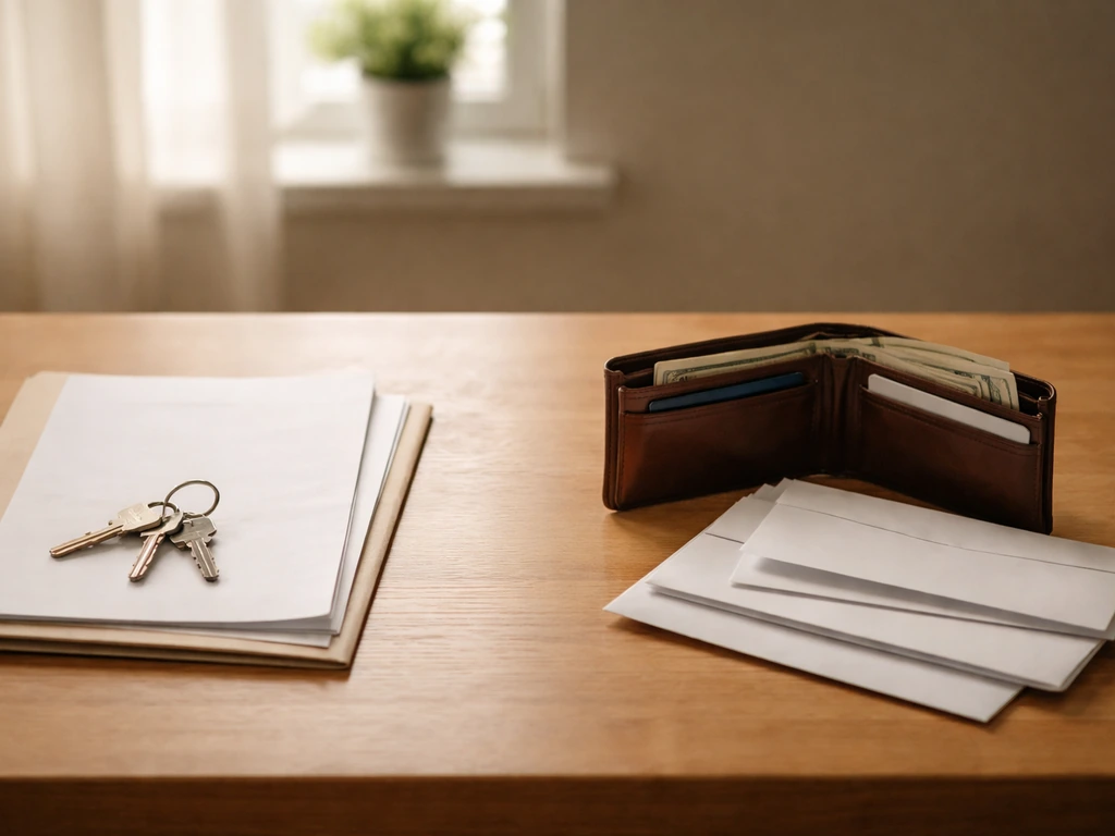Minimal photo showing a small stack of keys and papers beside an open wallet with a few bills