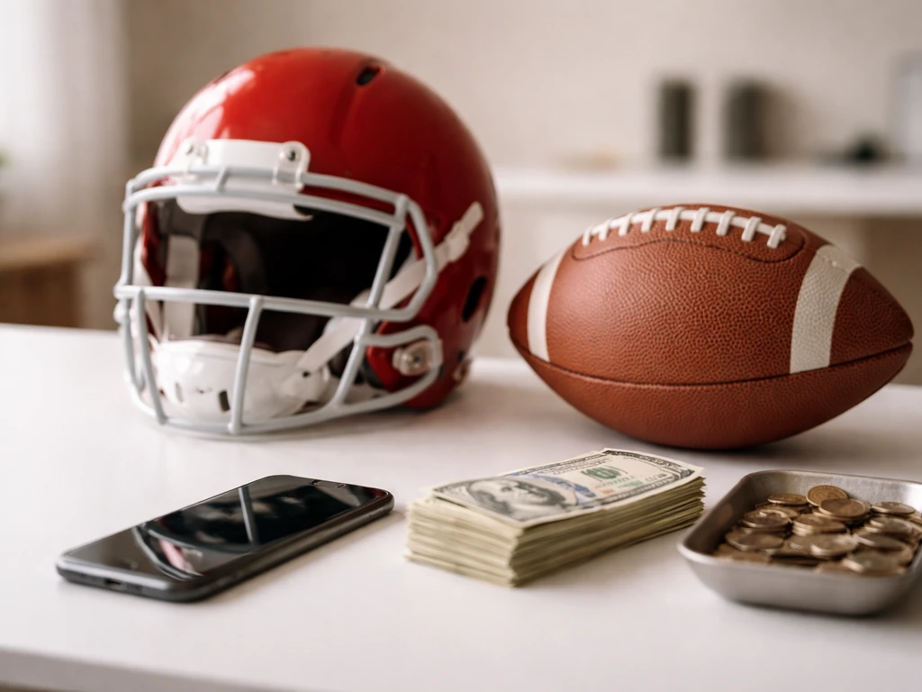 American football helmet resting on a desk beside a smartphone and folded cash, symbolizing sports income