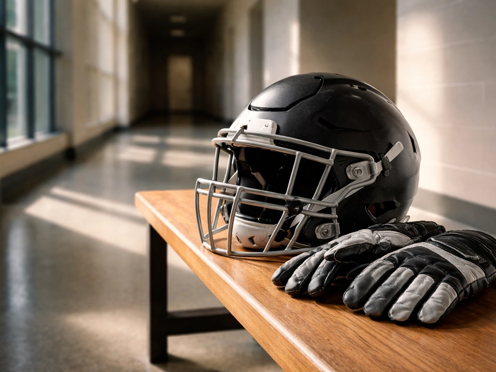 NFL linebacker helmet and gloves on a bench in a quiet sports facility hallway