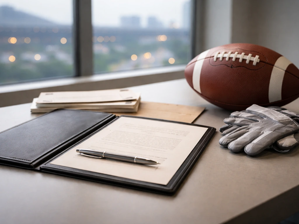 NFL-style football contract items on a desk, symbolizing base salary and bonuses without showing the player.
