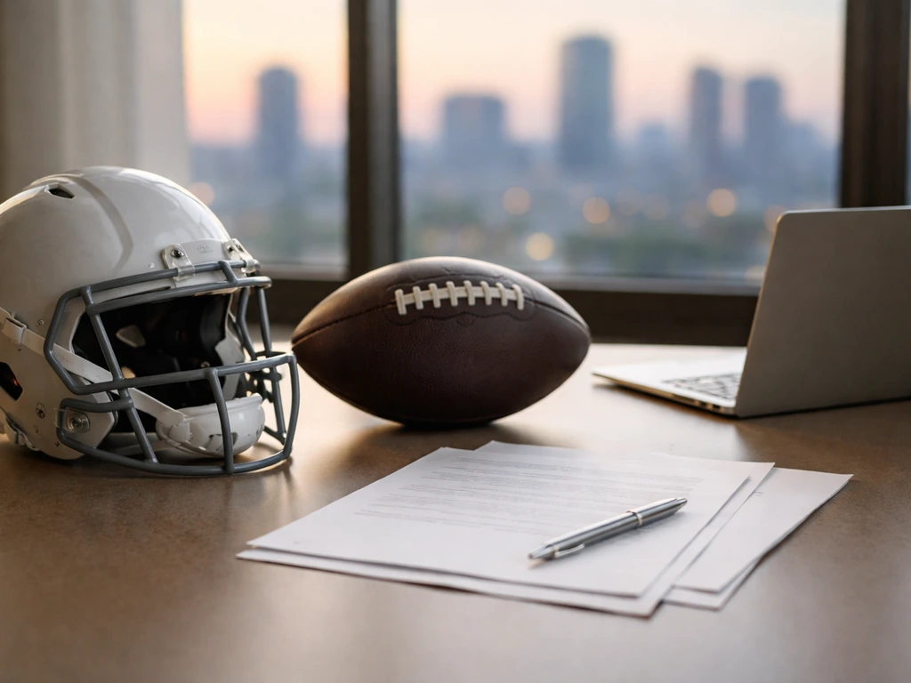 Minimal photo of a draft-day style room with a football and contract papers beside a laptop and city skyline view