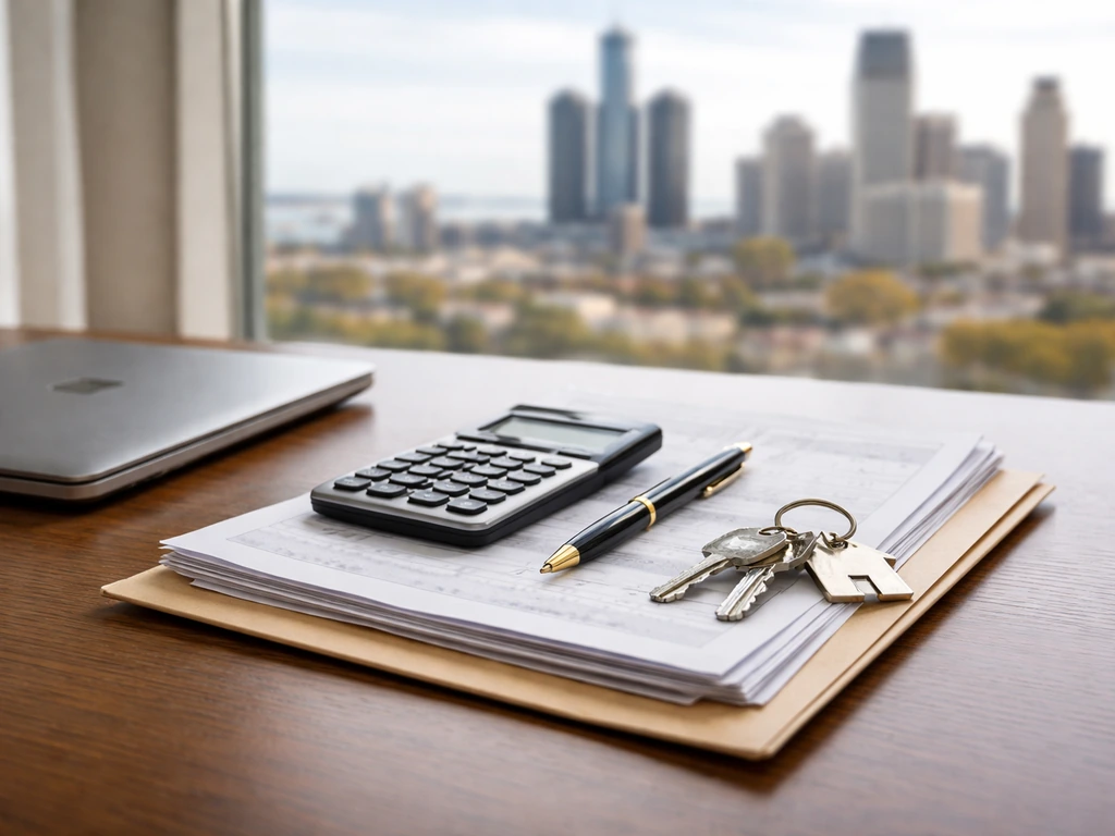 Minimal photo of a mortgage lender desk scene with documents and a city skyline backdrop