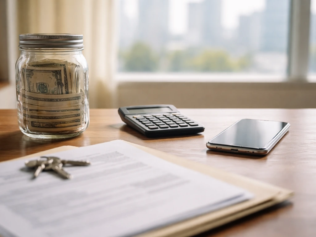 Minimal desk scene with cash jar, calculator, and real-estate documents suggesting mortgage income sources.