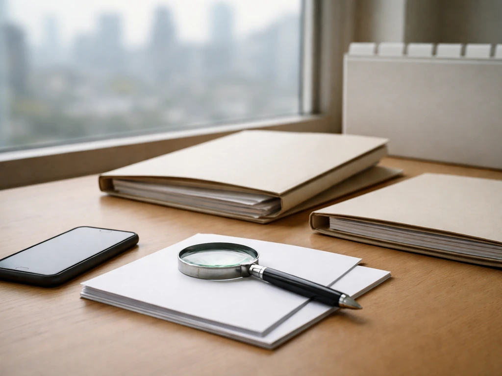 Desk with phone, papers, magnifying glass, and documents suggesting checking credibility of a financial claim.