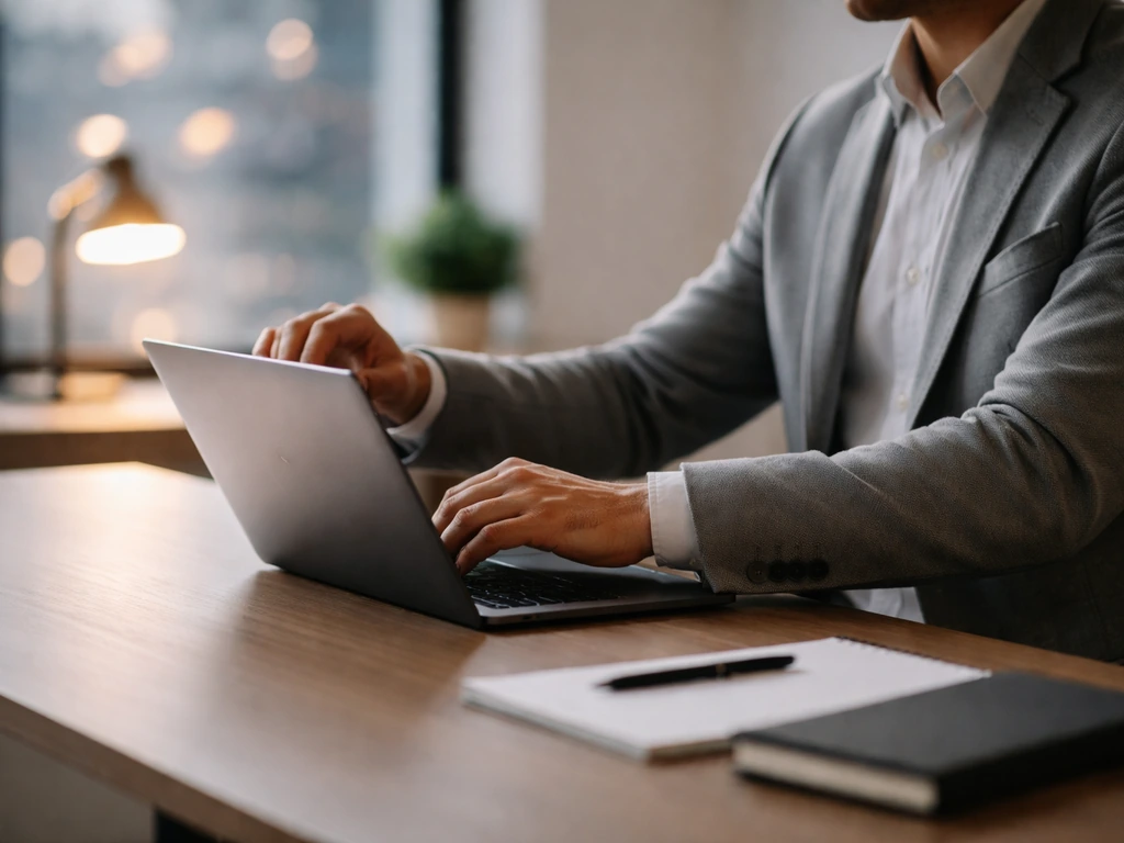 Business-casual executive working with laptop in a modern office, symbolizing net worth analysis.