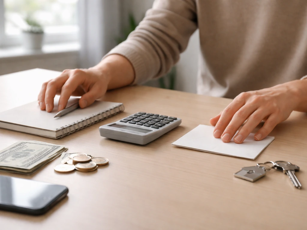 Anonymous hands on a desk with calculator, notebook, and money items symbolizing net worth calculation.