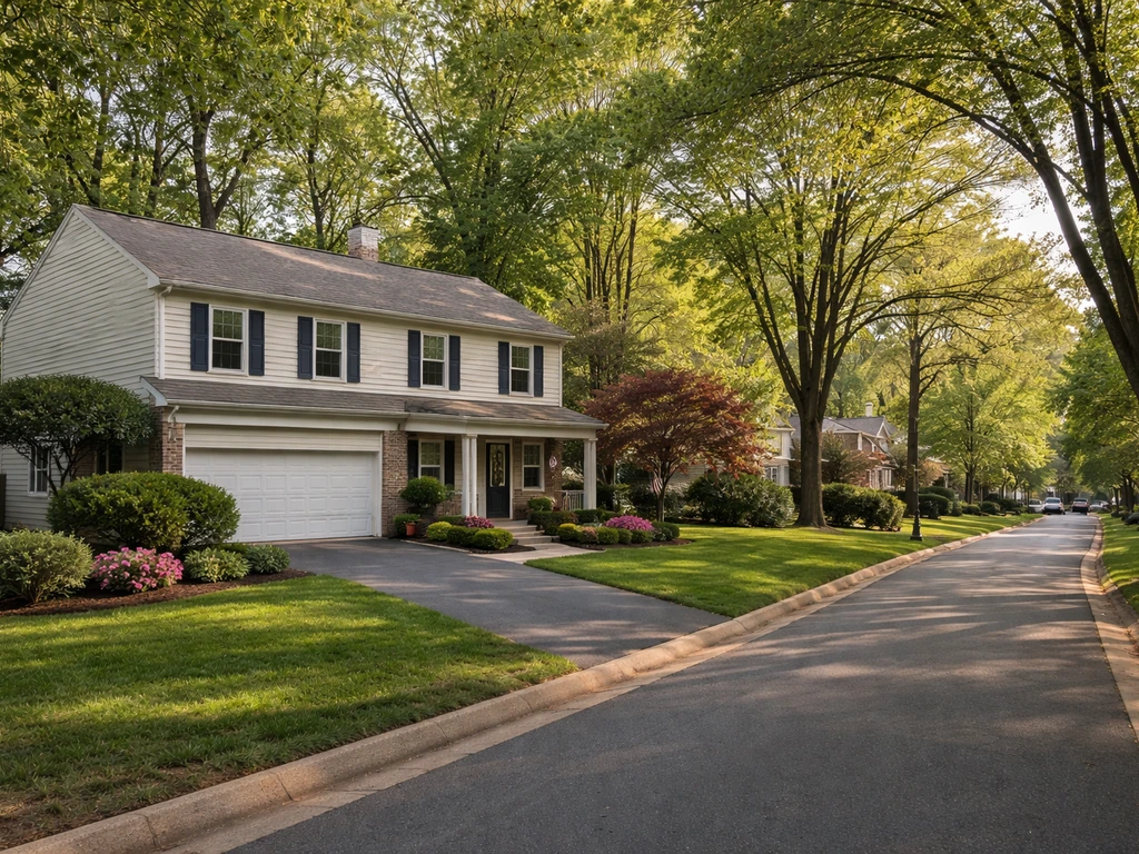 Quiet Reston, Virginia residential street with a well-kept house and landscaping