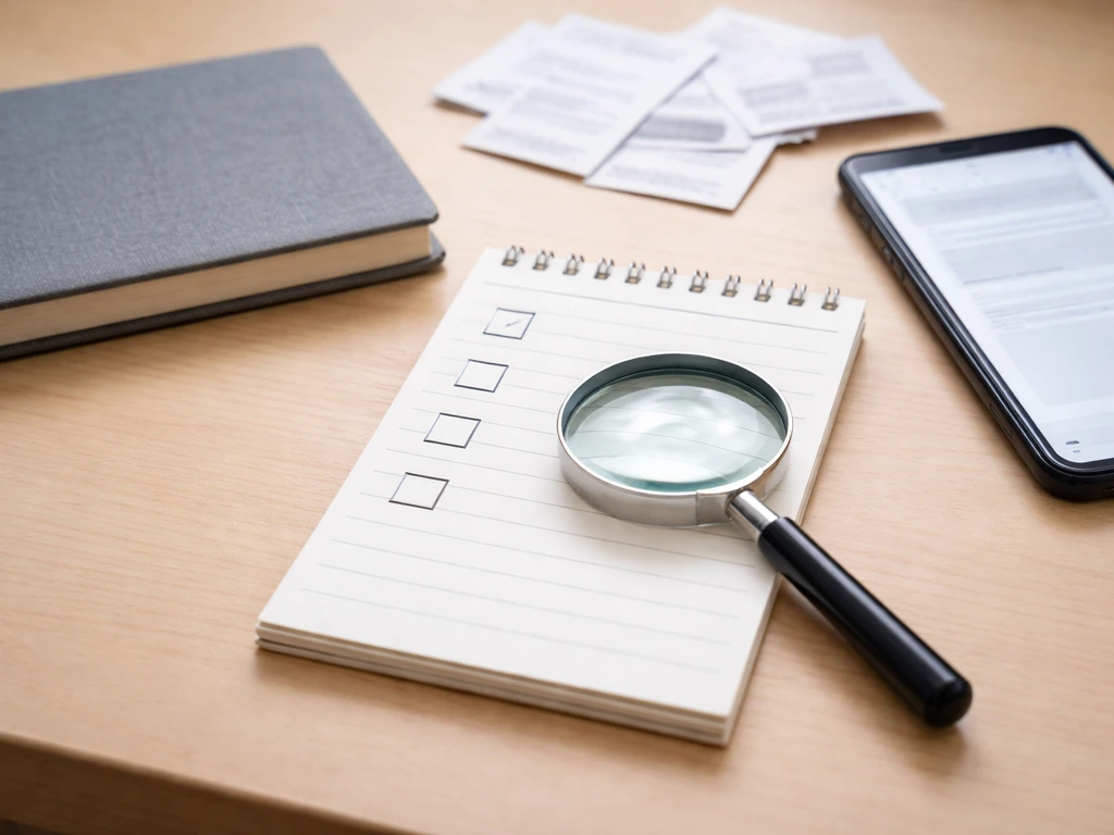 Minimal desk scene with a notepad checklist and magnifying glass suggesting how to verify a net worth claim.