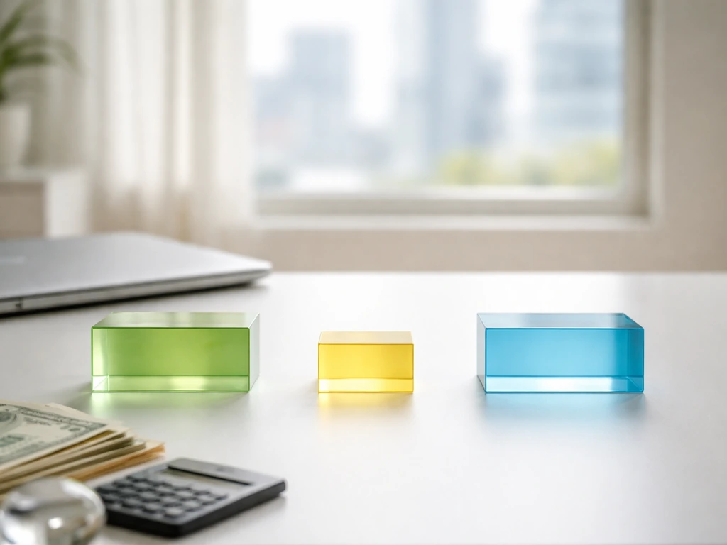 Minimal office desk with a calculator and neatly stacked cash symbolizing a net worth range and midpoint.