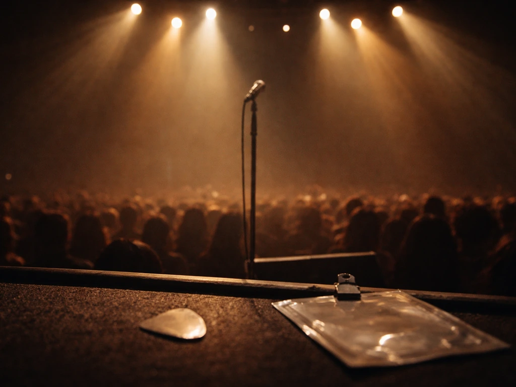 Empty concert stage with lit microphone stand and faint audience silhouettes, symbolizing big touring earnings.